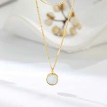 1pc European And American French Luxury Style Round White Mother Of Pearl Double Layer Necklace Layered Collarbone Chain Suitable For Daily Wear, Gift - Gold - View 3