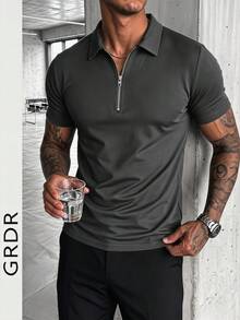 GRDR 男士夏季半拉链 Polo 领短袖 T 恤，适合户外休闲穿着 - 深灰色 - 查看 7