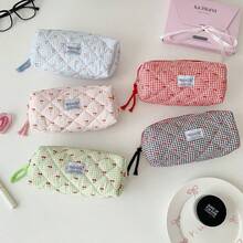 Style Cherry & Plaid Quilted Pencil Case, Soft Cotton Filled Stationery Bag, Student Portable Makeup Bag, Back To School Essential, Desktop Storage & Travel Makeup Bag - W - View 3