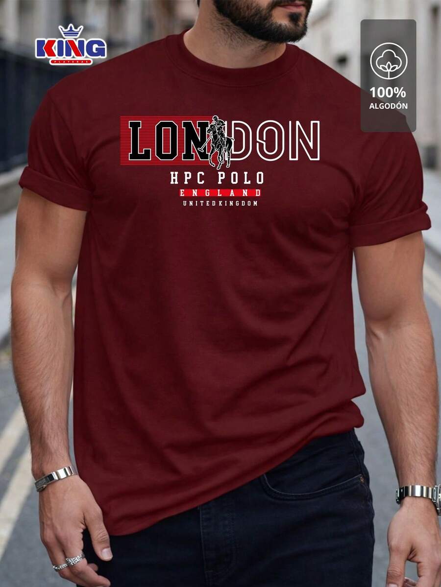 Original HPC POLO T-Shirt With Round Neck And Short Sleeves – Themed Graphic Design "HPC: London England Heritage" – 100% Cotton - 酒紅色 - 查看 1