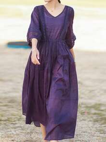 Plus Size Summer Autumn Vintage Romantic Casual Elegant Lace Patchwork Dress For Women, Waist Tie V-Neck Slimming Design Lace Patchwork Collar, Lace Patchwork Cuffs, Commute Vacation Holiday Daily Mid-Length Dress - Purple - View 6