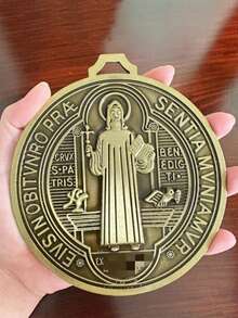 1pc Brass Finish, Wall Or Tabletop Mount/Extra Large 5-Inch St. Benedict Medal - Multicolor - View 6