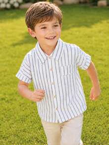 Boys' Blue & White Vertical Striped Short Sleeve Button-Up Shirt, Suitable For Back To School, Vacation, Street Style & Daily Wear - Navy Blue - View 3
