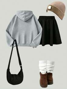 2pcs/Set Girls Sweet Style Outfit, Large Bow Print Hoodie + Pleated Skirt, Soft Casual Streetwear - Grey - View 3