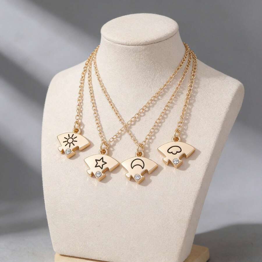 1 Set Collar de Moda con Letra y Corazón con Colgantes de Sol, Luna, Nube y Estrella, Adornado con Strass, Joyería de Diseño Versátil - Multicolor - Ver 1