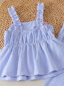 2pcs Baby Girls Cute Colorful Floral Decor Spaghetti Strap Ruffle Hem Top And Matching Elastic Waist Wide Leg Pants Set, Summer - Blue and White - View 4