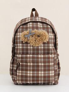 1 PC Brown Plaid Khaki Plush Travel Backpack Back To School High-End Feeling Popularized Backpack,Multifunctional And Large Capacity - Khaki - View 1