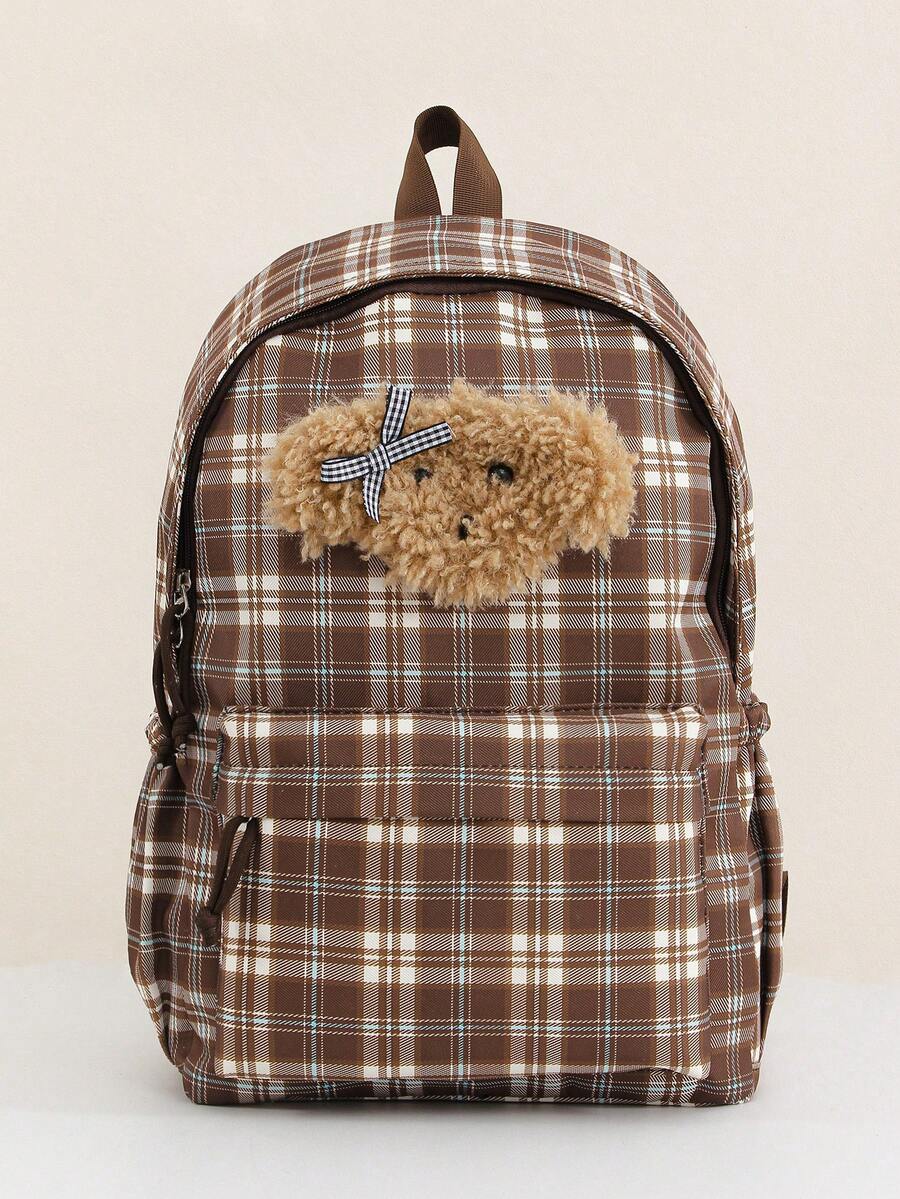 1 PC Brown Plaid Khaki Plush Travel Backpack Back To School High-End Feeling Popularized Backpack,Multifunctional And Large Capacity - Khaki - View 1