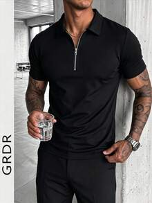 GRDR Camiseta polo de manga corta con media cremallera para hombre, adecuada para uso casual al aire libre - Negro - Ver 5