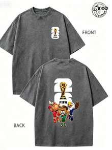 FIFA-2026 World Cup, World Cup T-Shirt, Soccer T-Shirt, Football Tee, 230G Washed High-Quality Cotton Printed Men's T-Shirt; 100% Cotton - 灰色 - 查看 1