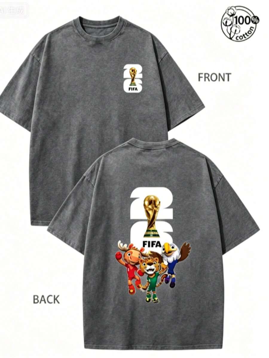 FIFA-2026 World Cup, World Cup T-Shirt, Soccer T-Shirt, Football Tee, 230G Washed High-Quality Cotton Printed Men's T-Shirt; 100% Cotton - 灰色 - 查看 1
