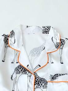Women's 2pcs Pajama Set, Stylish Giraffe Animal Print, Silky Homewear & Outerwear, Short Sleeve Button Lapel Top & Shorts For Spring Summer - White - View 3