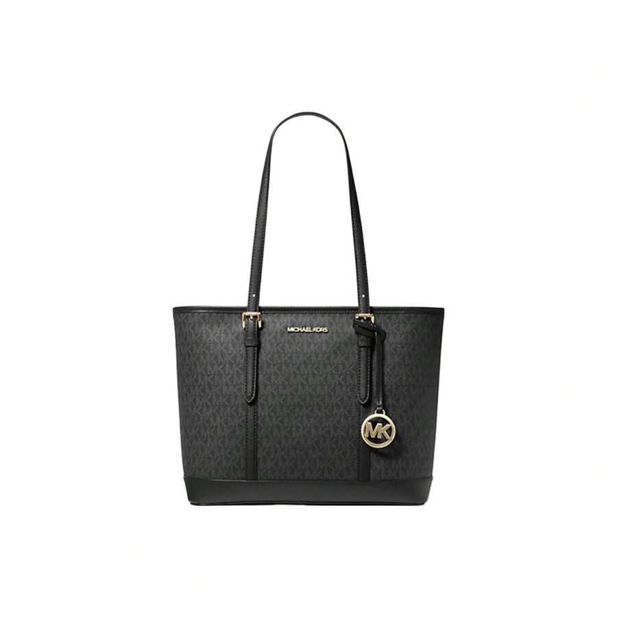 MICHAEL KORS MK Jet Set Travel Solid Color Classic Monogram Simple Coated Canvas Tote Bag/Shoulder Bag For Women, Black - 35S0GTVT1V-bLACK - View 1
