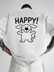 Camiseta de hombre con hombros caídos, estampado frontal de cachorro feliz, ¡HAPPY!, camiseta de hombre de corte holgado, ropa de hombre de estilo moderno y actual, una prenda esencial para - Blanco - Ver 1