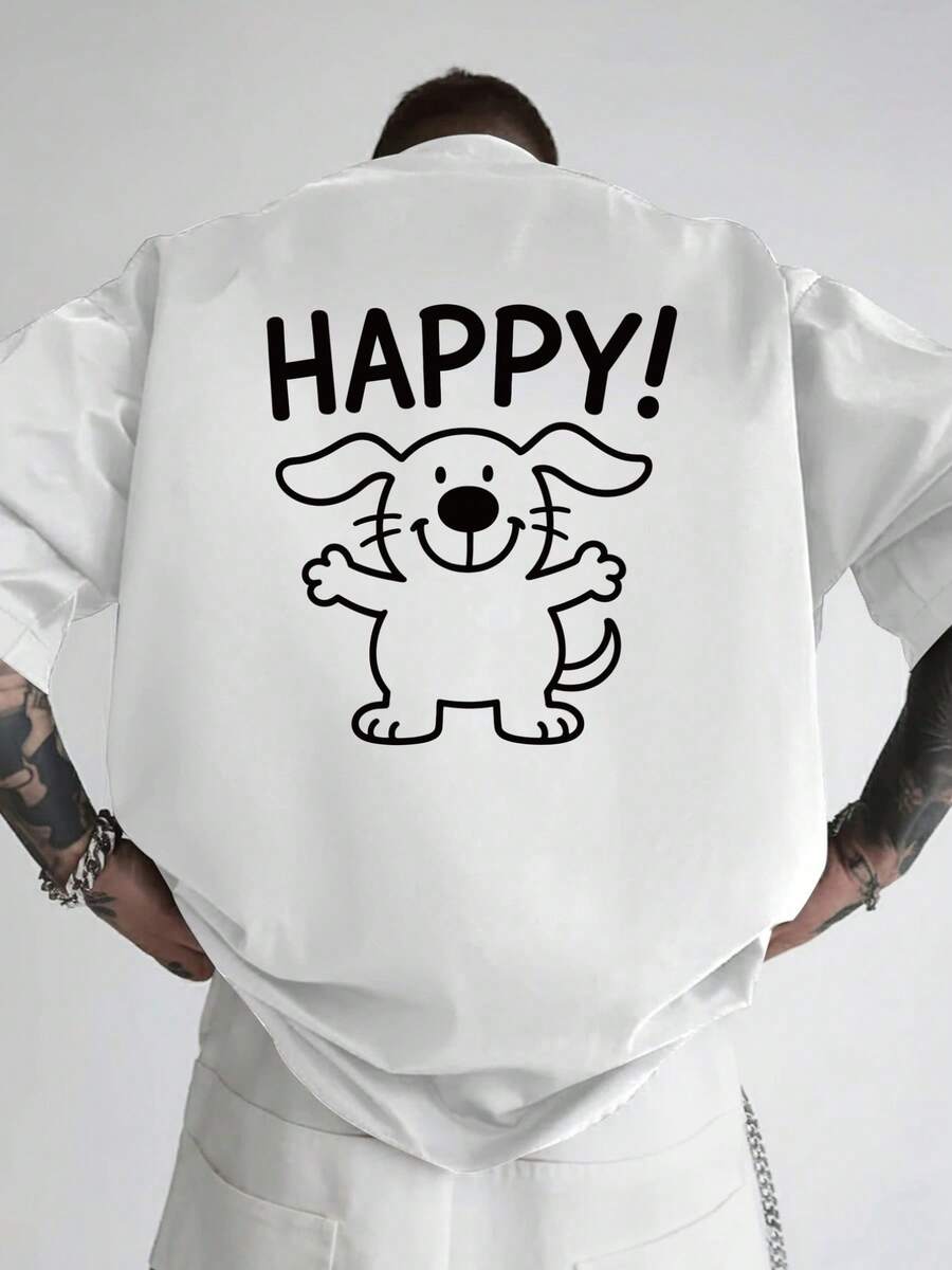 Camiseta de hombre con hombros caídos, estampado frontal de cachorro feliz, ¡HAPPY!, camiseta de hombre de corte holgado, ropa de hombre de estilo moderno y actual, una prenda esencial para - Blanco - Ver 1