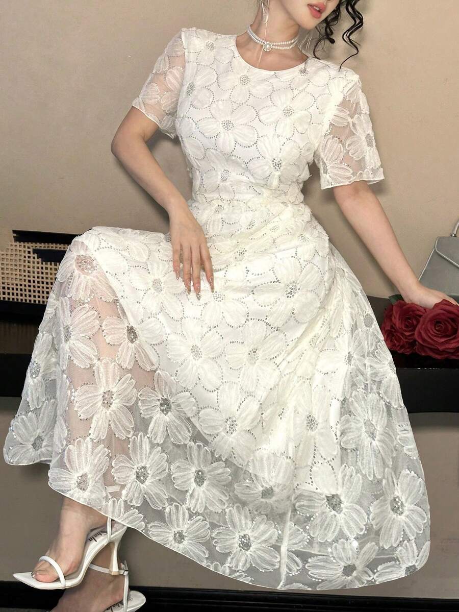 Vestido de encaje ajustado de largo medio para mujer - Albaricoque - Ver 1