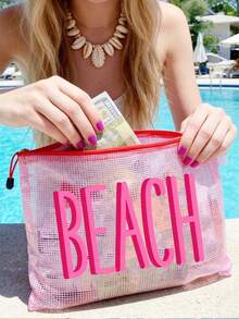多色網格海灘包印有「Beach」字樣，大容量透明化妝包與尼龍拉鍊盥洗包，輕量設計可收納文件、文具、防曬霜、零食、比基尼、海灘必需品，快乾防沙，適合游泳、海灘、潛水、夏季度假、春夏收納，適用於朋友、家人、閨蜜、同學，生日、節日、派對、婚禮（伴娘）、畢業季，教學包、老師包，完美禮物，適合父親節、日必需品 - 彩色 - 查看 7