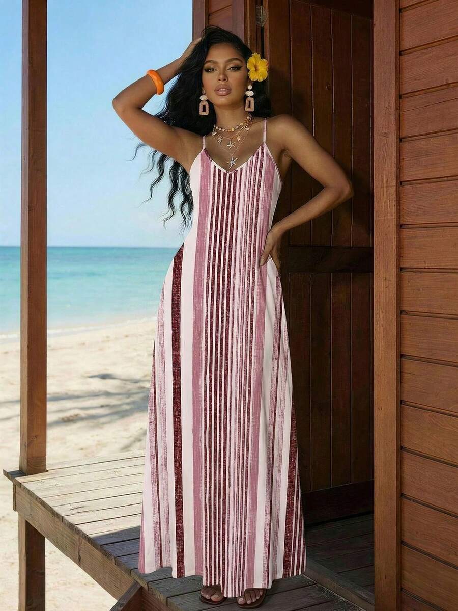 2026 New vestidos casual Lady Vestido azul maxi holgado sin espalda con estilo boho para mujer, vestido suelto sin tirantes para cumpleaños/eventos/vacaciones, ropa de mujer estilo boho/bohe - Rosa - Ver 1