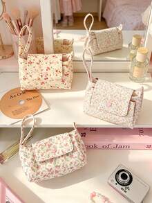 1 buah Tas Kosmetik Tiga Lapis, Tas Tangan Kosmetik Portabel, Kantong Penyimpanan Kamera Kapasitas Besar, Kantong Clutch Motif Bunga Kecil, Tas Rias Perjalanan dengan Pegangan - MultiWarna - View 2