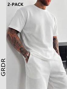 GRDR 夏季复古华夫格套装，男士休闲简约通勤白色圆领短袖抽绳短裤两件套 - 白色 - 查看 2