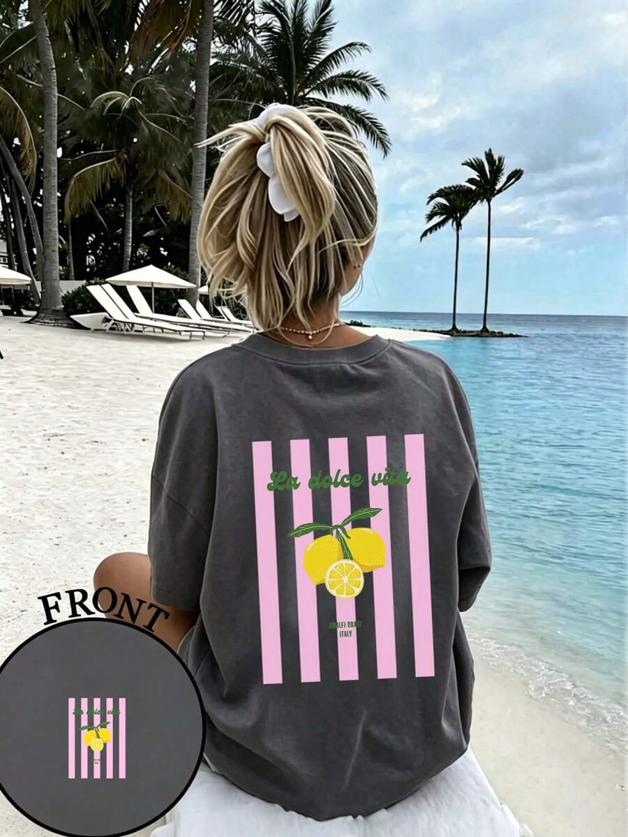 青少年女孩休閒趣味印花圓領套頭短袖T恤夏季上衣 - 深灰色 - 查看 1