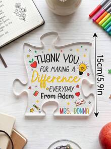 1 pieza Decoración de escritorio de acrílico con forma de rompecabezas personalizada, recuerdo de agradecimiento al maestro personalizado, nombre y texto personalizables, decoración de garabatos con tema escolar lindo (manzana, lápiz, libro y corazón), regalo ideal de agradecimiento al maestro, decoración de escritorio de aula, Día del Maestro - Multicolor - Ver 7