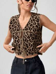 OGS Chaleco de Punto Leopardo para Mujer, Jersey sin Mangas Oversize, Moda Otoño Invierno, Estilo Casual, Y2K, Urbano, Ideal para Capas y Uso Diario - Multicolor - Ver 1