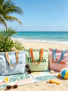 Custom Name Embroidered Tote, Women's Canvas Beach Bag, Lightweight Summer Travel Shoulder Purse - Multicolor - View 7