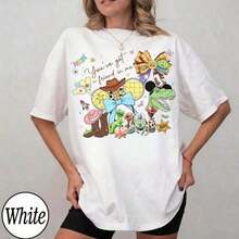 Disney Unisex Oversized T-Shirt, Toy Story Woody Buzz Friend Theme Retro Print, 100% Cotton Retro Short Sleeve, Holiday Park Casual Tee - 白色 - 查看 1