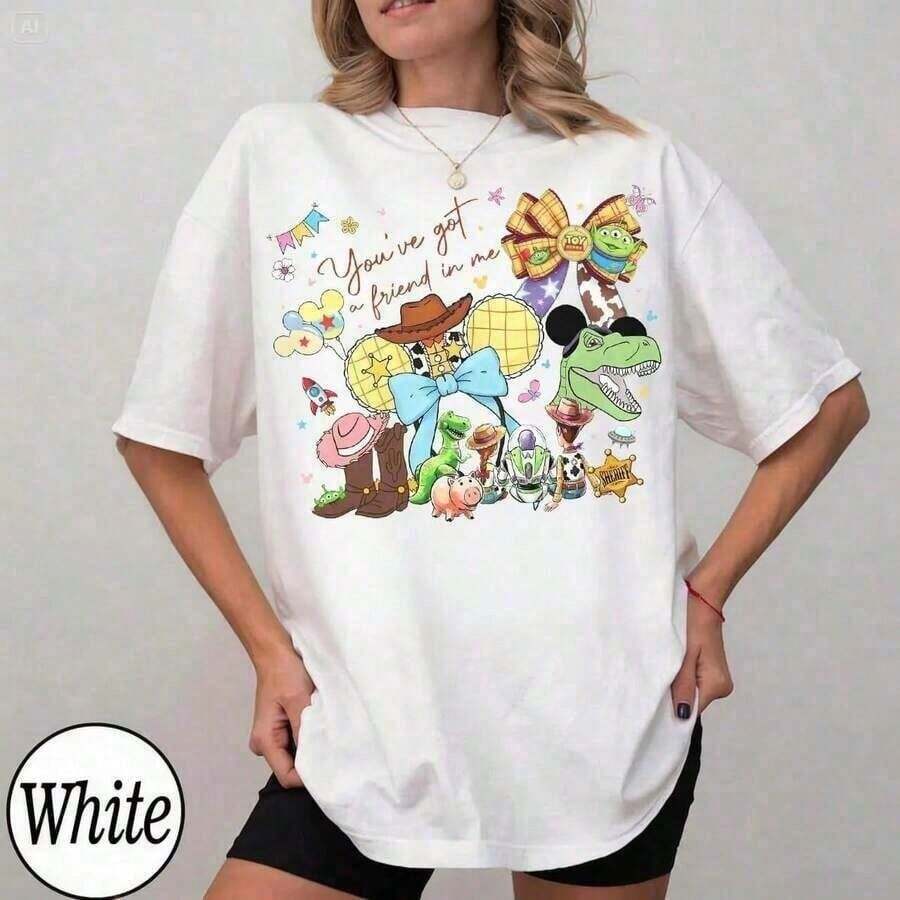 Disney Unisex Oversized T-Shirt, Toy Story Woody Buzz Friend Theme Retro Print, 100% Cotton Retro Short Sleeve, Holiday Park Casual Tee - 白色 - 查看 1