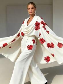 Elegant Women's White Two-Piece Outfit With Red Floral Details, Cowl Neck Batwing Sleeve Top & Regular Length Pants, Sexy Fall Women Clothes Style - 白色 - 查看 2