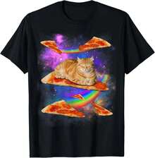 100% Cotton Funny Galaxy Cat In Space Cat Riding Pizza T-Shirt - Black - View 1
