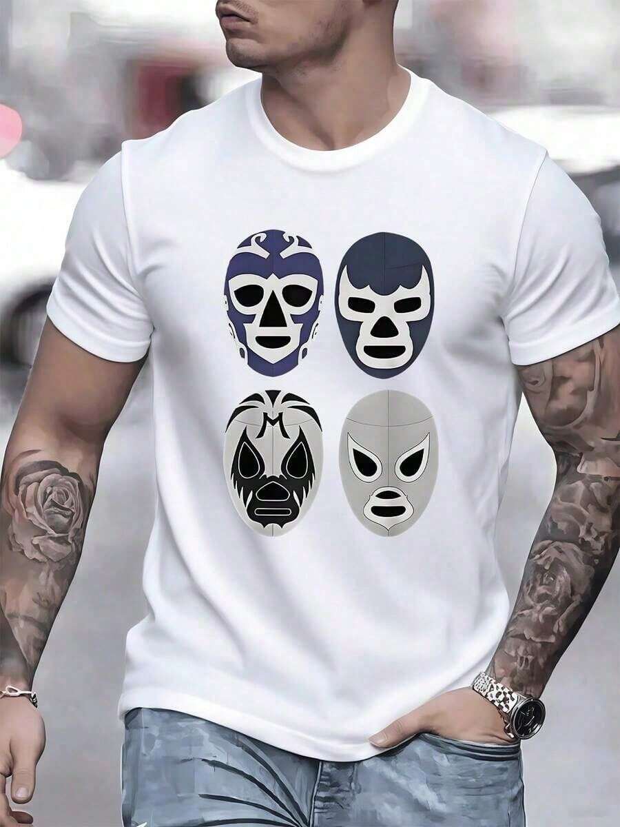 Men's T-Shirts, Wrestler Mask Design, Men's Crew Neck T-Shirt, 100% Cotton, Urban Style, 1 Unit Of Casual Clothing With Vintage Mexican Wrestling Design And Mod Prints - 白色 - 查看 1