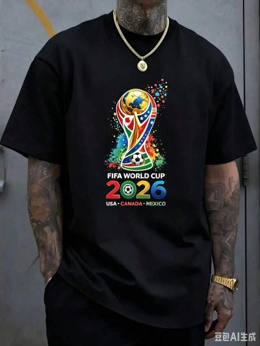 [Official FIFA World Cup Licensed]World Cup T-Shirt, Unisex, 2026 Football Jersey, USA, Canada, Mexico Styles, Fan Gift, Fan Apparel, Single Piece - 黑色 - 查看 1