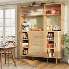 High-Quality Sideboard With Rattan Look And Glass Sliding Doors, 174.5cm High Kitchen Cabinet With Storage Space, Natural Wood/Walnut Look, Load Capacity Up To 60kg - Wood + MDF + Metal - View 3