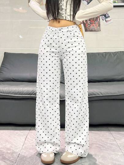 Jeans blancos de uso diario versátil y casual con botones a lunares para mujer