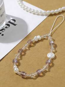 Pink Phone Chain, Crystal Mother Of Pearl Phone Lanyard Wrist Strap Anti-Loss Rope, Camera Phone Charm - Baby Pink - View 3