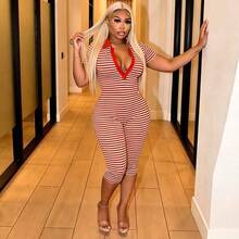 Red Striped Lapel Short Sleeve Skinny Jumpsuit For Work Tight-Fitted 7/8 Length Romper, A Hot-Girl Essential Rompers Rompers For Women Summer - 紅色 - 查看 4