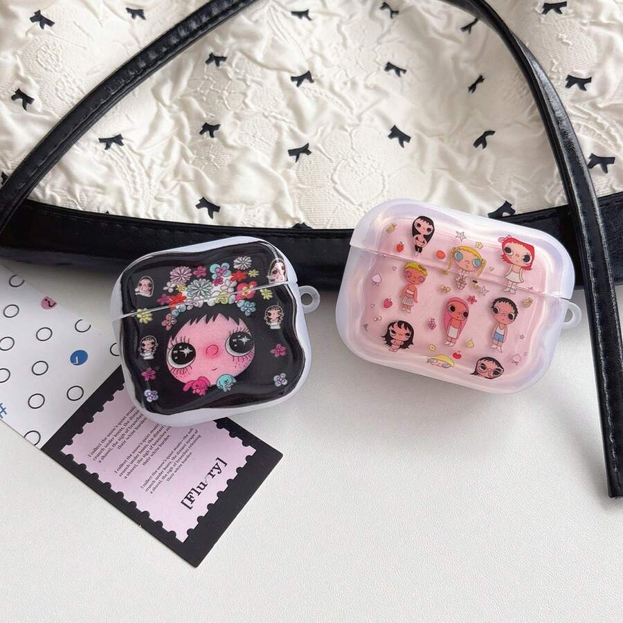 日韓卡通黑小玉全圖案掛環耳機保護套，適用於 Apple AirPodsPro3/AirPodsPro2/AirPodsPro/AirPods4/AirPods3/AirPods2，時尚女款極簡 Apple 耳機保護殼
