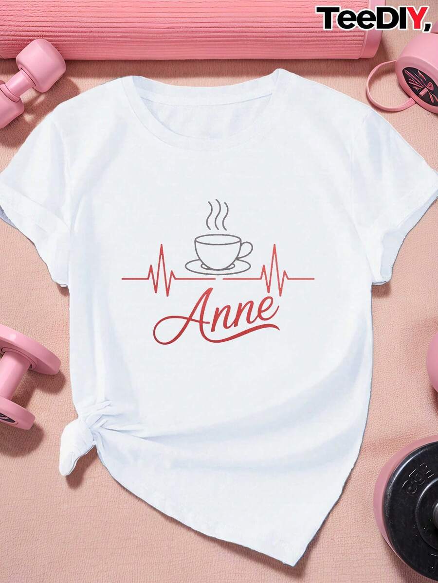 2026 Men's Shirts Anne's Plus Size Graphic T-Shirt With Coffee Cup And Heartbeat Design - Dark Gray With Red Lettering, Casual Short Sleeve Top With Neck - 白色 - 查看 1