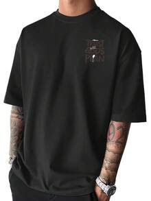 Camiseta de hombre a la moda, de corte holgado y cuello redondo, estampada con las palabras Confía en el Plan de Dios,% poliéster, ligera y transpirable, camiseta casual de verano, un - Negro - Ver 3