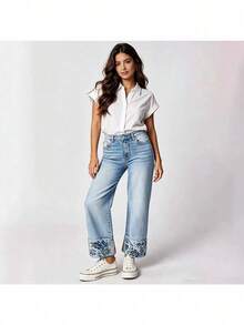 Pantalones vaqueros rectos de talle medio bordados de moda para mujer, artículo muy vendido y popular - Azul - Ver 3