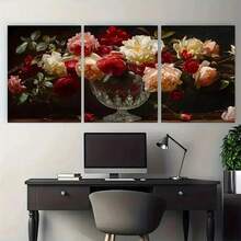 3 Stücke Set klassische Ölmalerei Windglas Vase Blumen Leinwandposter, europäischer Retro-Malstil, geeignet für Wohnzimmer Sofa Hintergrundwand, Esszimmer, Arbeitszimmer, Büro Wandkunst Dekoration optionaler Rahmen - Mehrfarbig - Übersicht 4