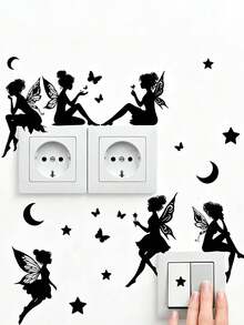 1 Set (6 Stücke) Schwarze Silhouette Feen Schalter Wandaufkleber, PVC selbstklebend abnehmbare Aufkleber mit Schmetterling, Stern, Mondsichel Magie Elementen, Prinzessin Schlafzimmer Steckdosenblende, INS verträumter Märchenstil Mietwohnung Renovierung DIY Wanddekoration - Wandaufkleber - Übersicht 8