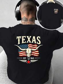 Camiseta de moda para hombre con diseño creativo de doble cara Estampado de la Bandera del Estado de Texas, estilo retro americano, decoración personalizada, adecuada para uso diario casua - Negro - Ver 1