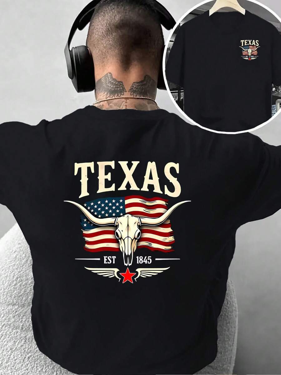 Camiseta de moda para hombre con diseño creativo de doble cara Estampado de la Bandera del Estado de Texas, estilo retro americano, decoración personalizada, adecuada para uso diario casua - Negro - Ver 1