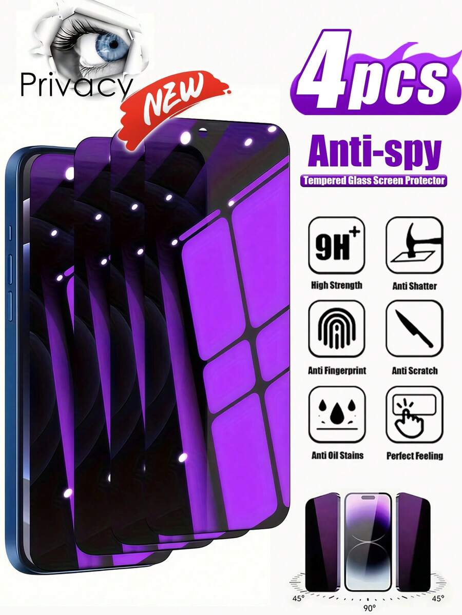4pcs Purple Light Anti-Peep Glass Screen Protector Anti-Blue Light Privacy Protection Compatible With Phone 11/12/13/14promax/15Pro Max/16/16 Plus/16 Pro/16 Pro Max/16e/17/17 Air/17 Pro/17 Pro Max - Purple - View 1