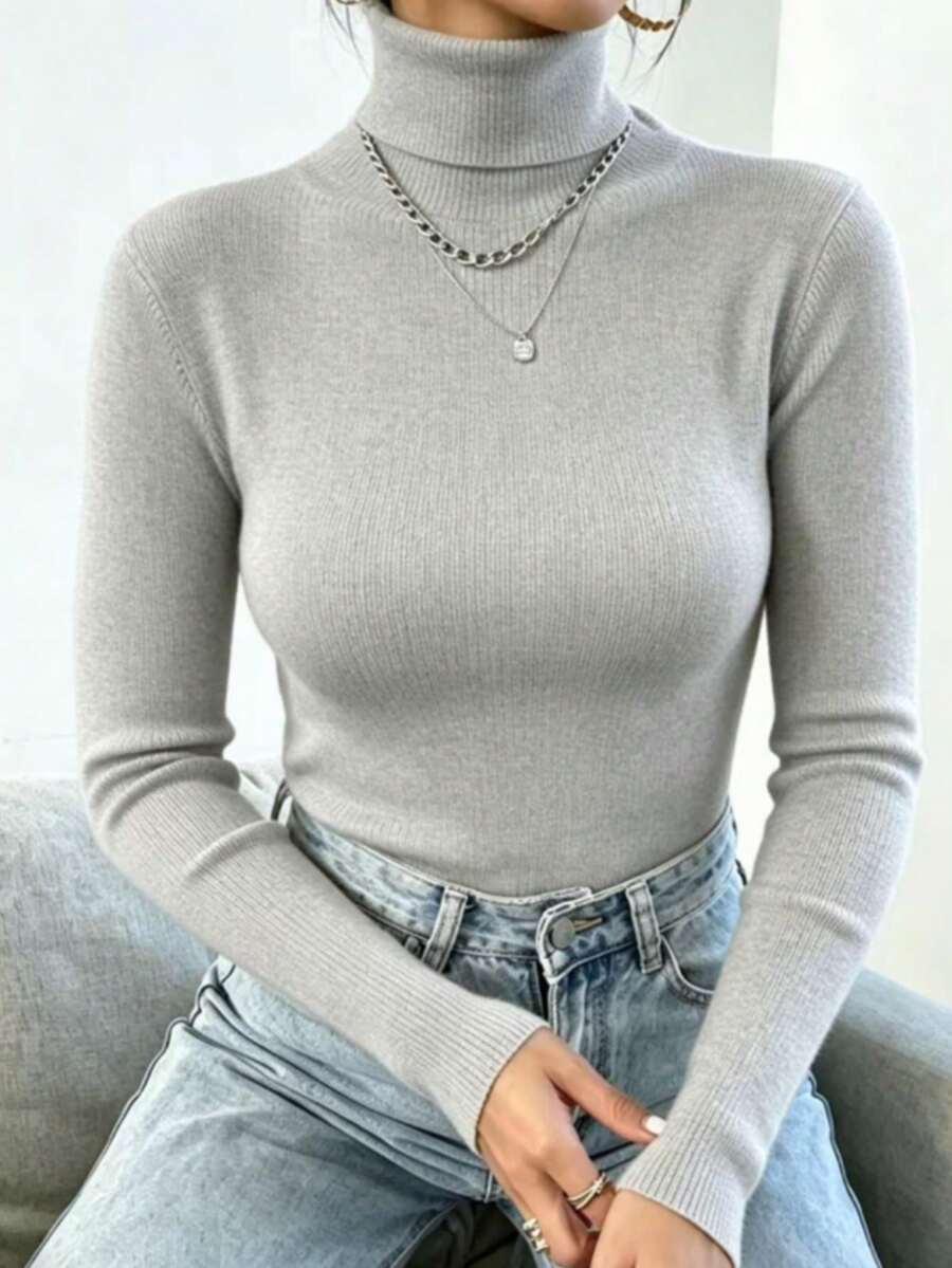 Women's Knitted Blouse High Neck Cacharrel Basic Wool Sweat Fashion Shipping!!! - Grey - View 1