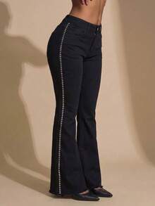 pthirillo Women's Black Flare Jeans With Butt-Lifting Effect, High Waist, And Rhinestone Detail - Premium Rhinestone Jeans - Lateral Rates - View 2