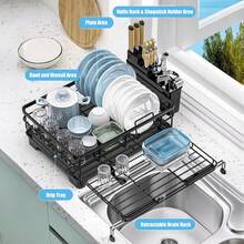 1pcs Expandable Dish Drying Rack Carbon Steel Dish Rack For Kitchen Counter, Space Saving Dish Drainer With Utensil Holder And Drainboard - Black - View 6